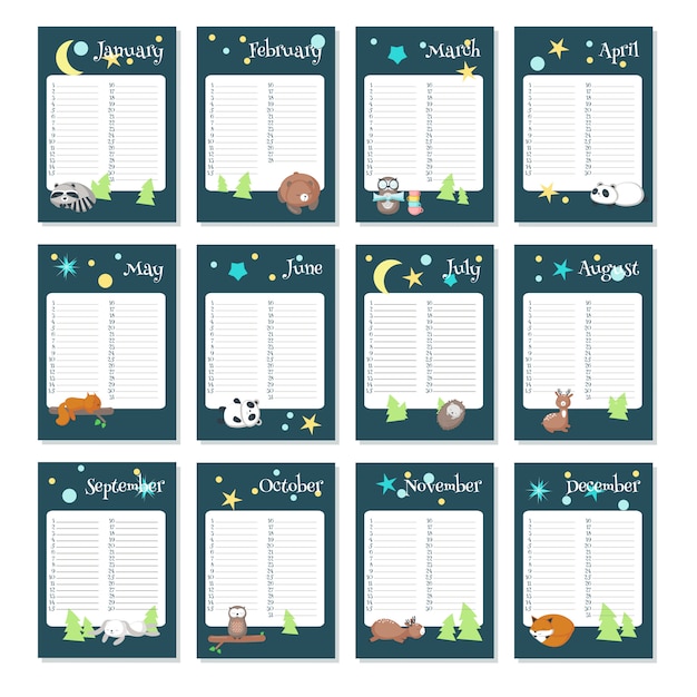 Planner calendar vector template with sleeping animals