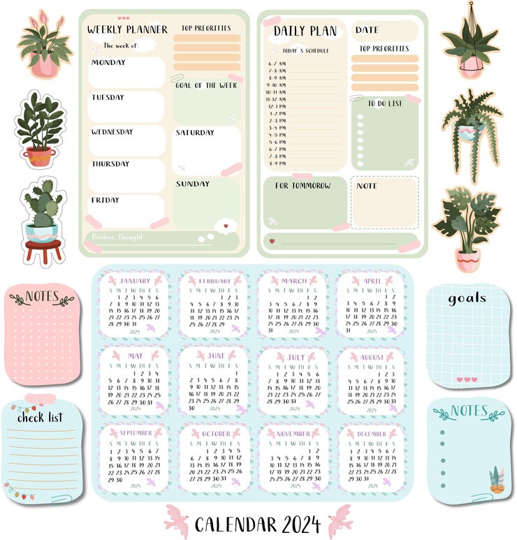 Vector planner dagelijks wekelijks plantenstickers maart kalenderjaar 2024 planner zachte stijl zachte stijl