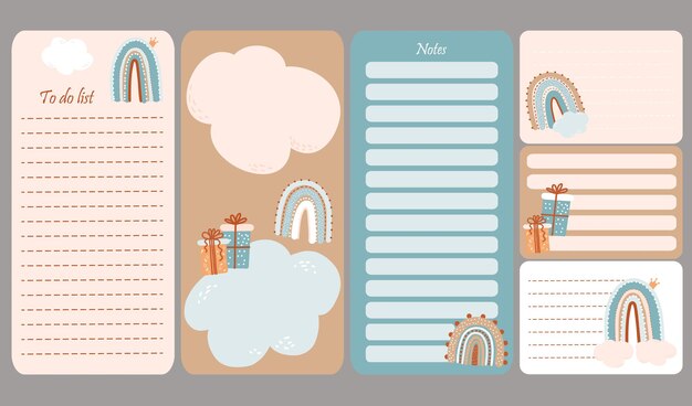 Vector planner for day week todo list notes scandinavian style organizer and schedule with cute rainbows