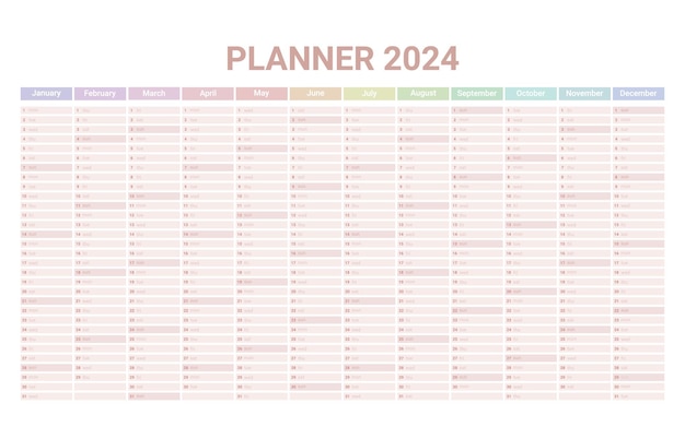 Vettore calendario inglese di planner per l'anno 2024 modello di calendario con 12 mesi verticali su una pagina