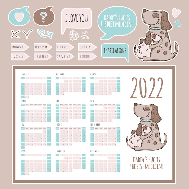 Vector planner kalender 2022 sjabloonschema en collectie met ontwerpelementen en honden