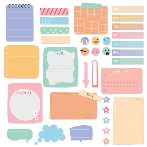 Vector planner met schattige illustratie sticker scrapbook en memo sjabloon