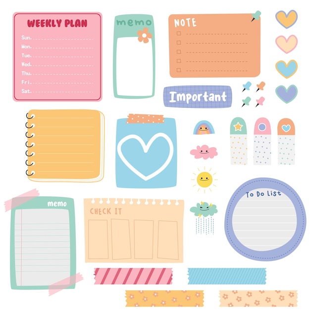 Vector planner met schattige illustratie sticker scrapbook en memo sjabloon