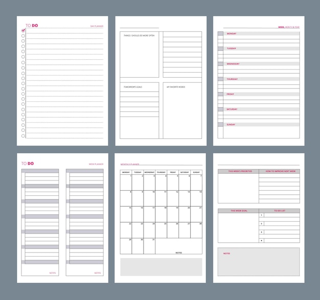 Vector planner pages. notebook agenda diary vertical pages template goals organizer