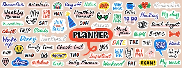 Planner sticker collection Bundle of weekly or daily diary with trendy lettering words