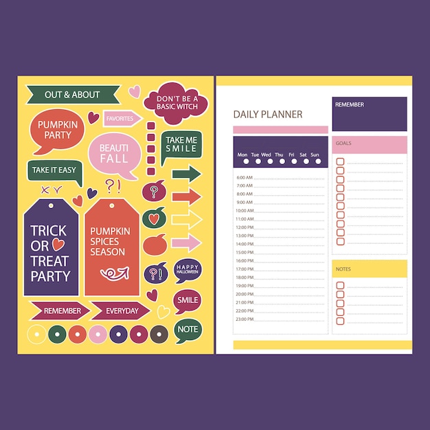 Vettore planner sticker halloween e pagina