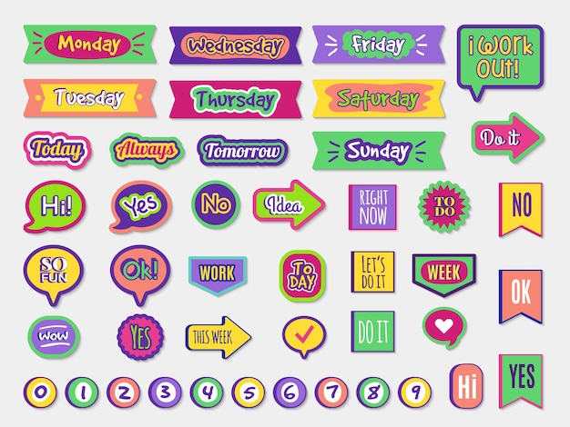 プランナー粘着紙オーガナイザーは、議題メモ帳のトレンディなレタリングのさまざまなスタイルセットのバッジにラベルを付けます。イラストメモプランナー、カレンダー、オーガナイザースクラップブックステッカー