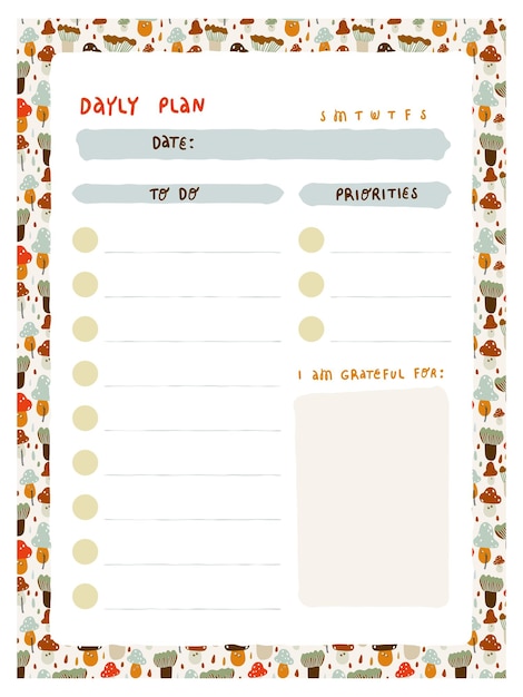 Planner template Daily check list Vector illustration with autumn elements