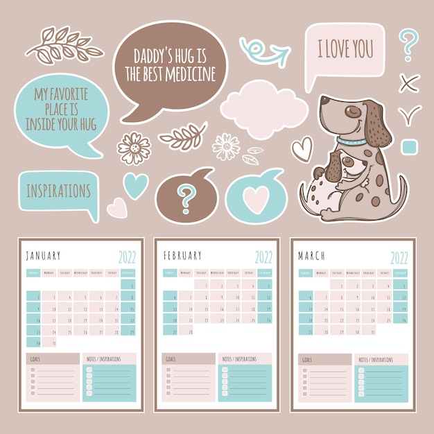 PLANNER Winter Months 2022 Template Schedule And Collection With Design Elements And Dogs