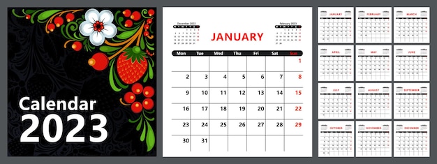 Plannercalendar per il 2023 con una copertina nello stile del khokhloma russo un modello di base