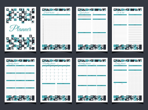 プランナーはジオメトリを設定します 毎日、毎週、毎月、年間の習慣トラッカー To Do リストの目標プランナーとカバー