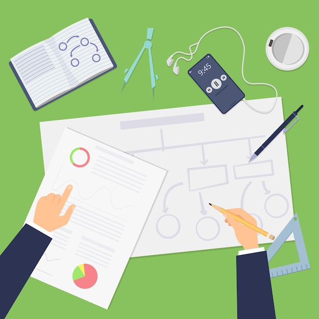 Planning. agile concept, top view business plan or startup project. hands drawing financial schemes vector illustration. business development and strategy, diagram flow model, deployment and planning