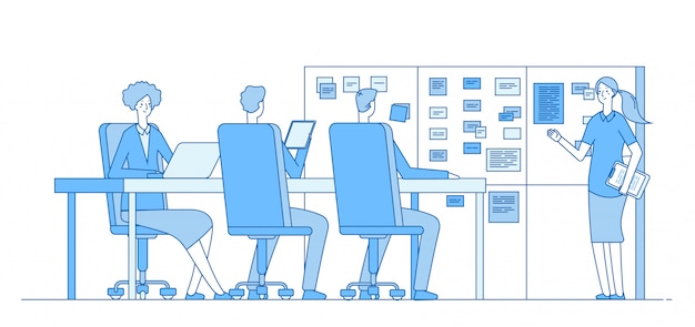 Planning bestuursvergadering. Mensen die bij taakraad opleiden binnen bureauklaslokaal. Teamwork lijn bedrijfsconcept