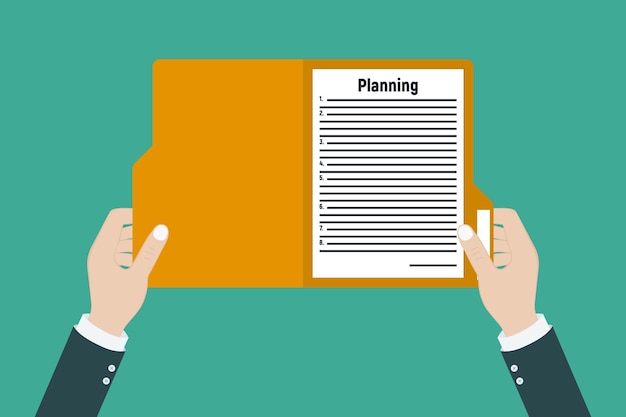 Planning Business Illustration Template Hand met een open map Document in de hand Vector illustratie