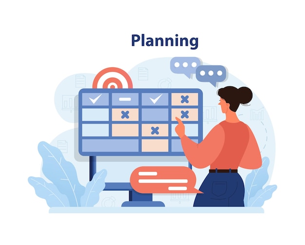 Vector planning concept woman setting tasks on calendar organizing schedule towards goal time management