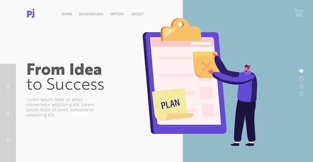 取引を計画したり、新しいアイデアを考えたりします。タスクアンケートリストの結果、プランランディングページテンプレート。小さなビジネスマンのキャラクターは、巨大なクリップボードや教科書に付箋を置きます。漫画のベクトル図
