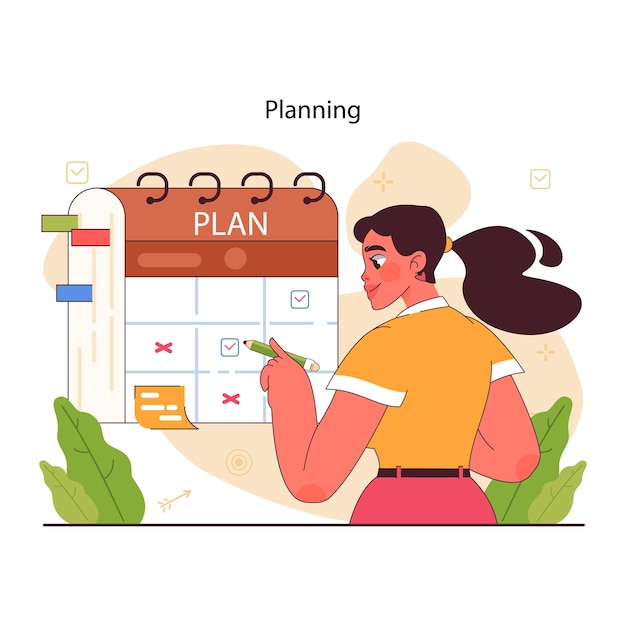 Vector planning en organisatie van taken aan boord karakterplanning of controle van taakafspraak of toewijzing in een planner tijdschema-organisatie voor prestatie-efficiëntie platte vectorillustratie