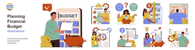 Vettore pianificazione del concetto di budget finanziario con raccolta di situazioni di carattere pacchetto di scene le persone analizzano le voci di spesa e di reddito calcolano la finanza in app illustrazioni vettoriali in flat web design