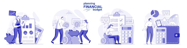 Vector planning financial budget isolated set in flat design people make accounting analysis