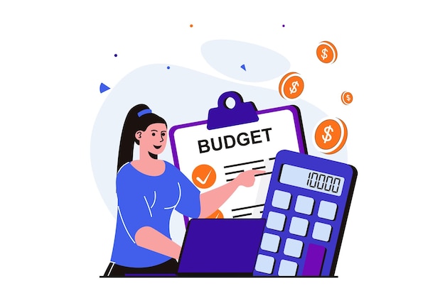 ウェブバナーデザインのための財政予算のモダンなフラットコンセプトを計画する女性はアカウントを保持します
