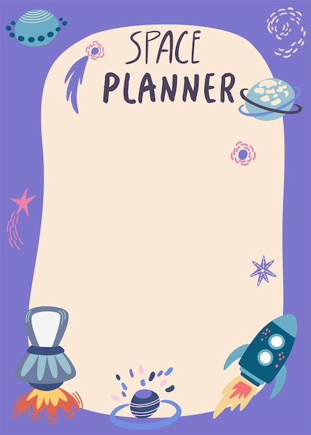 Planning lijst met ruimte planner met ruimteschepen sterren en planeten sjabloon voor agenda schema notebooks kaarten cartoon vector illustratie