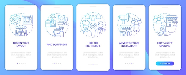 新しいレストラン ブルー グラデーション オンボーディング モバイル アプリ画面の計画