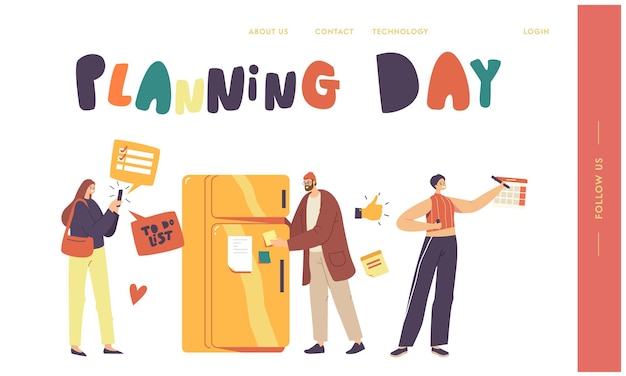 Planning, planningsdag, takenlijst vullend concept. Mannelijke en vrouwelijke personages vullen checklist op koelkast, mensen maken aantekeningen in notebook-, kalender- of smartphone-app. Cartoon vectorillustratie