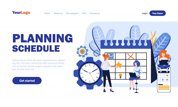 Planning schedule flat landing page  with header