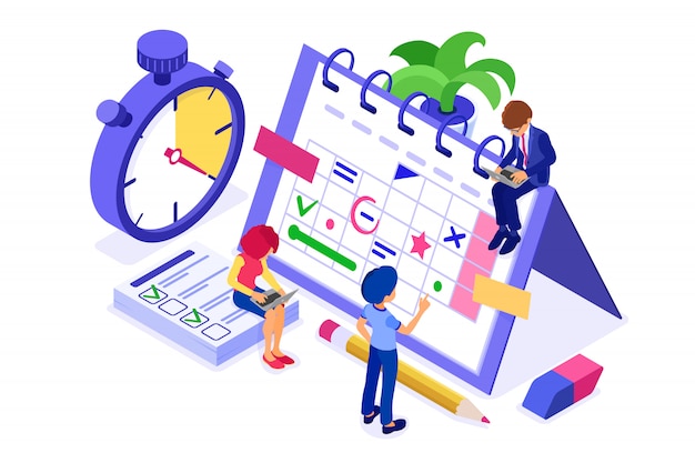 Vector planning schedule time management businessman planning work from home with stopwatch picks goals on schedule calendar deadline time isometric infographics business isolated