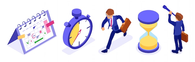 Planning schedule time management with stopwatch schedule calendar and hourglass businessman with briefcase and spyglass for new opportunities. deadline time isometric business isolated vector