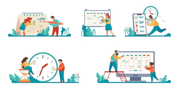 Planning schema scènes Cartoon mensen maken tijdschema's voor dag of maand Mannen en vrouwen markeren voltooide taken in planner Time management en workflow organisatie Vector concepten set