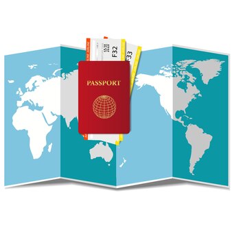 Pianificazione del concetto di viaggio in tutto il mondo. passaporto, biglietti aerei e mappa del mondo. illustrazione vettoriale