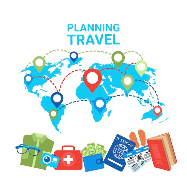 Planning travel concept pointers on world map baggage items