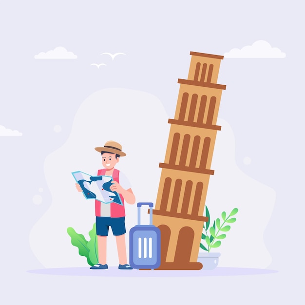 Planning of travel Hipster man with a suitcase goes to the airport Vector illustration