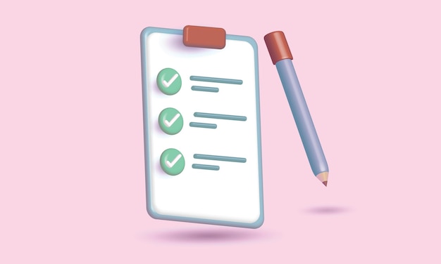 planning van zakelijke doelen. 3D render potlood minimale cartoon checklist pictogram op klembordpapier