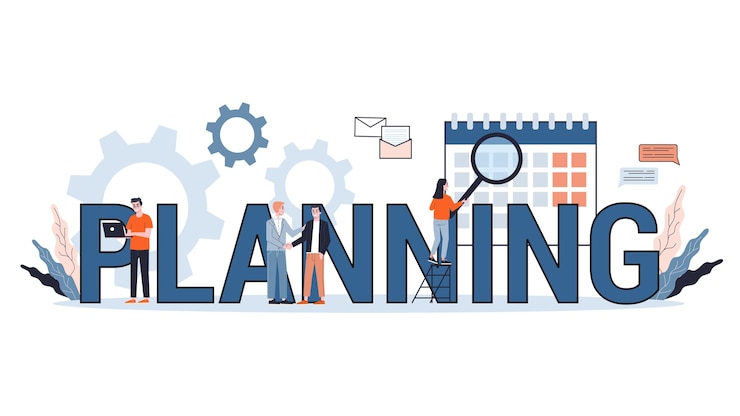 Vector planning web banner  concept. idea of business plan and strategy. setting a goal or target and following schedule.   illustration