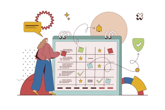 Planningsconcept met karaktersituatie in plat ontwerp Vrouw die todolijst werktaken en zakelijke bijeenkomsten maakt met kalender en notitiestickers Vectorillustratie met mensenscène voor web