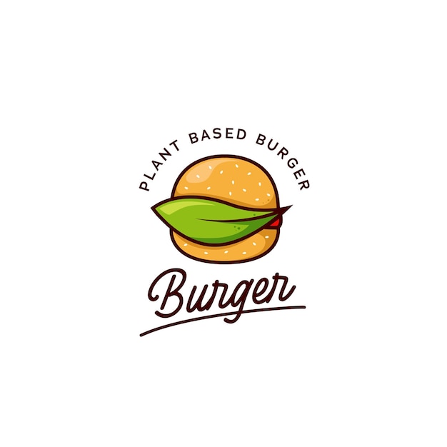 植物ベースのハンバーガーのロゴ、ベジタリアンビーガンバーガーの葉のシンボルとハンバーガーのロゴのアイコン
