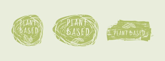 Этикетки растительных продуктов питания на зеленом текстурированном фоне Векторный иллюстрационный набор