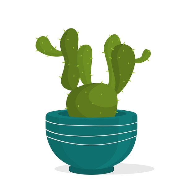 Pianta nel concetto di vaso di fiori cactus con aghi in vaso blu comfort e intimità elemento interno e decorativo per appartamento illustrazione vettoriale piatta del fumetto isolata su sfondo bianco