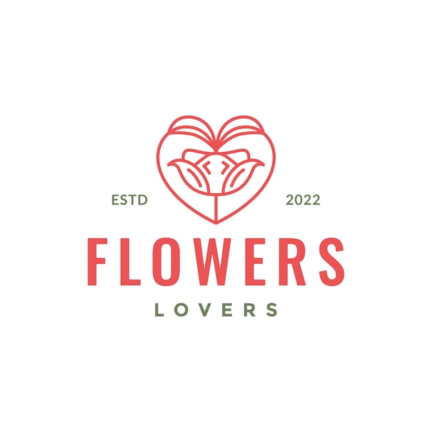 植物の庭の花フェミニンな愛の心ライン ミニマリストのロゴ デザインのベクトル