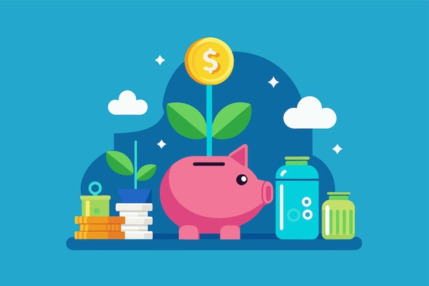 Vector a plant growing out of a piggy bank showcasing growth and savings in a simple setting saving money simple and minimalist flat vector illustration