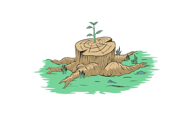 Vector plant growing out of a tree stump hand drawn illustration