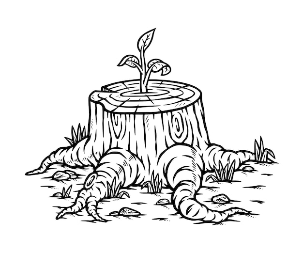 Vector plant growing out of a tree stump line illustration