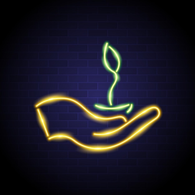 Plant on hand icon with neon light glowing bright illustration