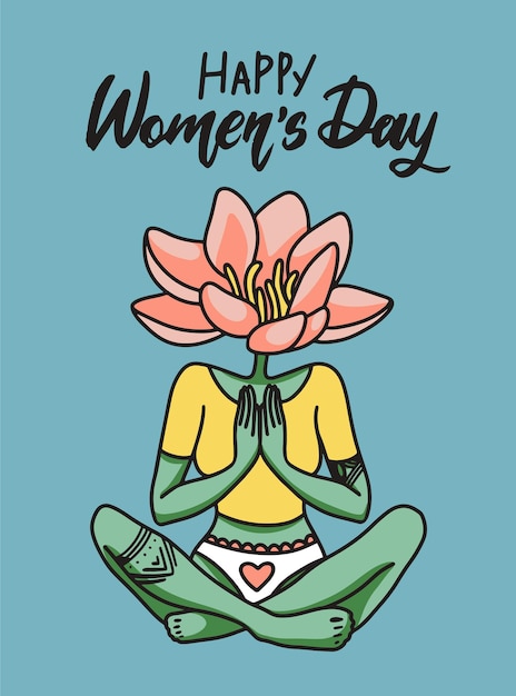 国際女性デーのポストカードポスターの植物の頭の女の子の漫画イラスト