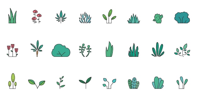 Plant icons Set of various plants Collection of flat icons of plants