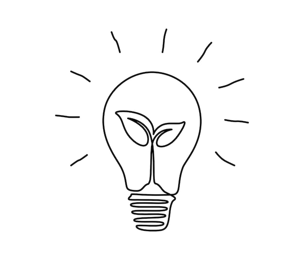 Plant inside Lightbulb in one continuous line drawing Creative concept of Green energy and environmental friendly sources in simple linear style Editable stroke Doodle Vector illustration