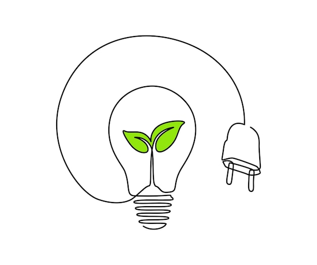 Plant inside Lightbulb with plug in one continuous line drawing Creative concept of Green energy and environmental friendly sources in simple linear style Editable stroke Vector illustration