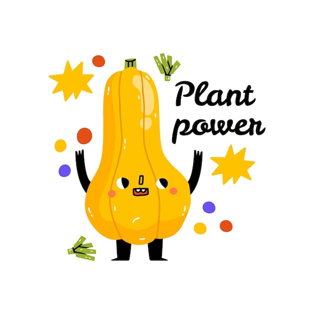 Plant kracht. grappige voedsel woordspelingen zin met gele pompoen. kawaii gezicht. plantaardig karakter